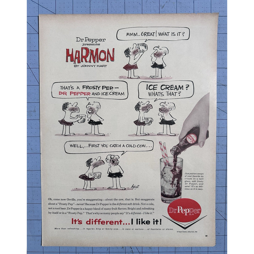 1962 Dr Pepper Caveman Harmon Cartoon By Johnny Hart Print Ad